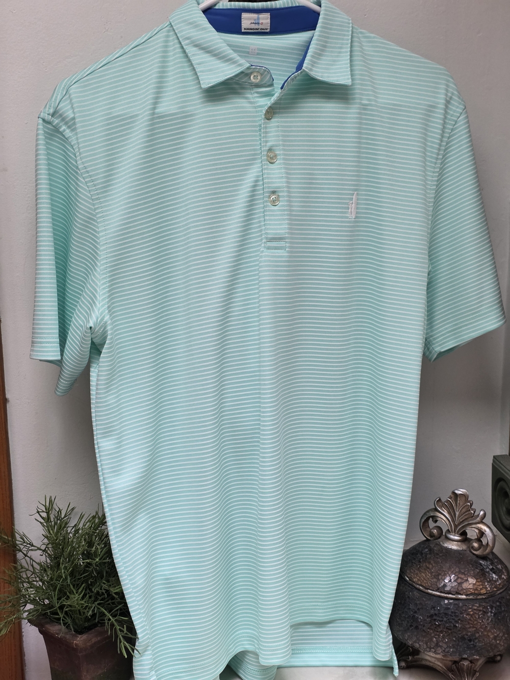 Johnnie-O Mint and White Stripe Golf Performance Polo Sz M